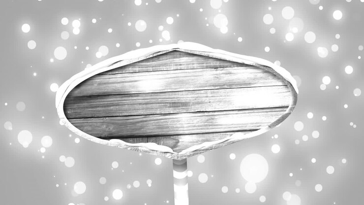 Animation of sign with copy space over snow falling on grey background