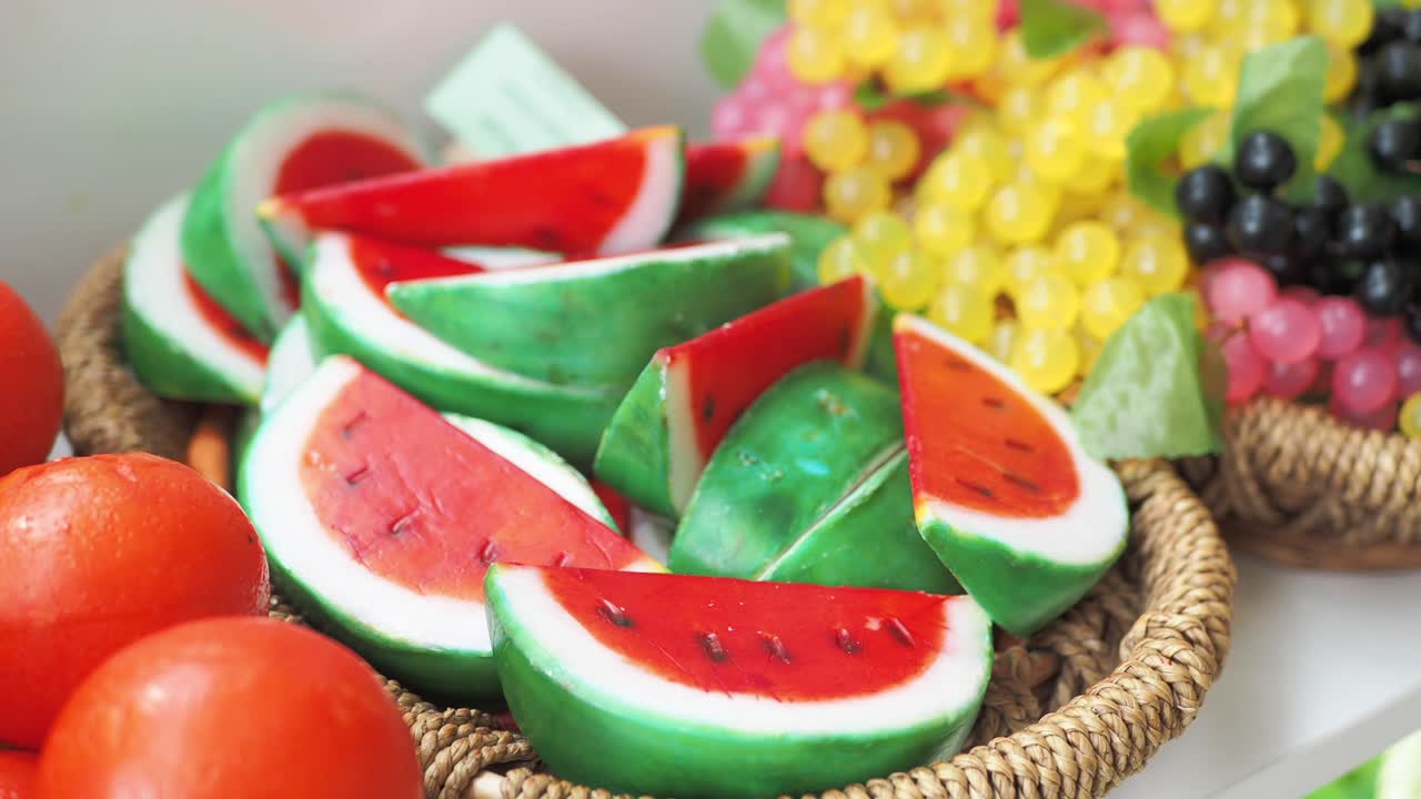 손으로 만든 과일 비누 전시