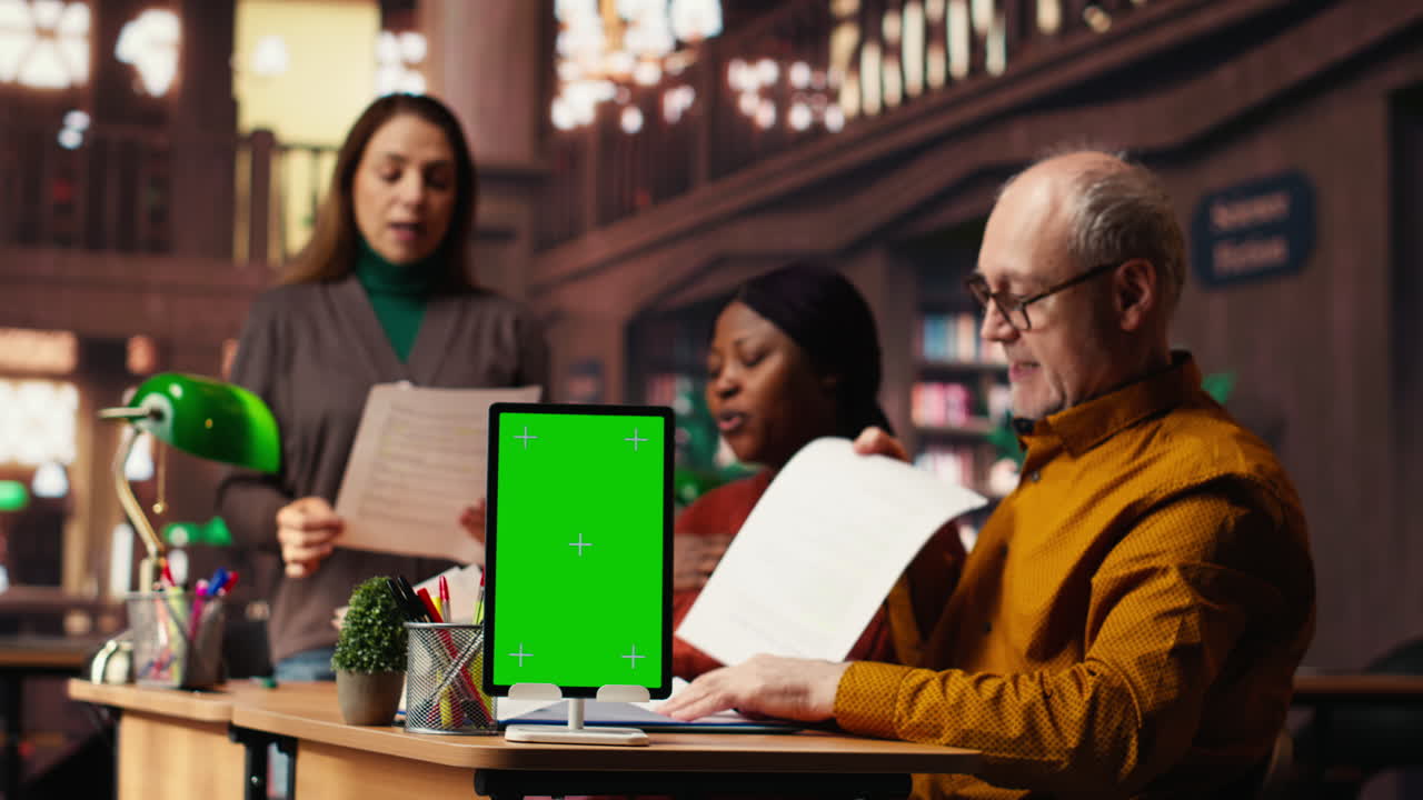 Business team working with a tablet with green screen in the office