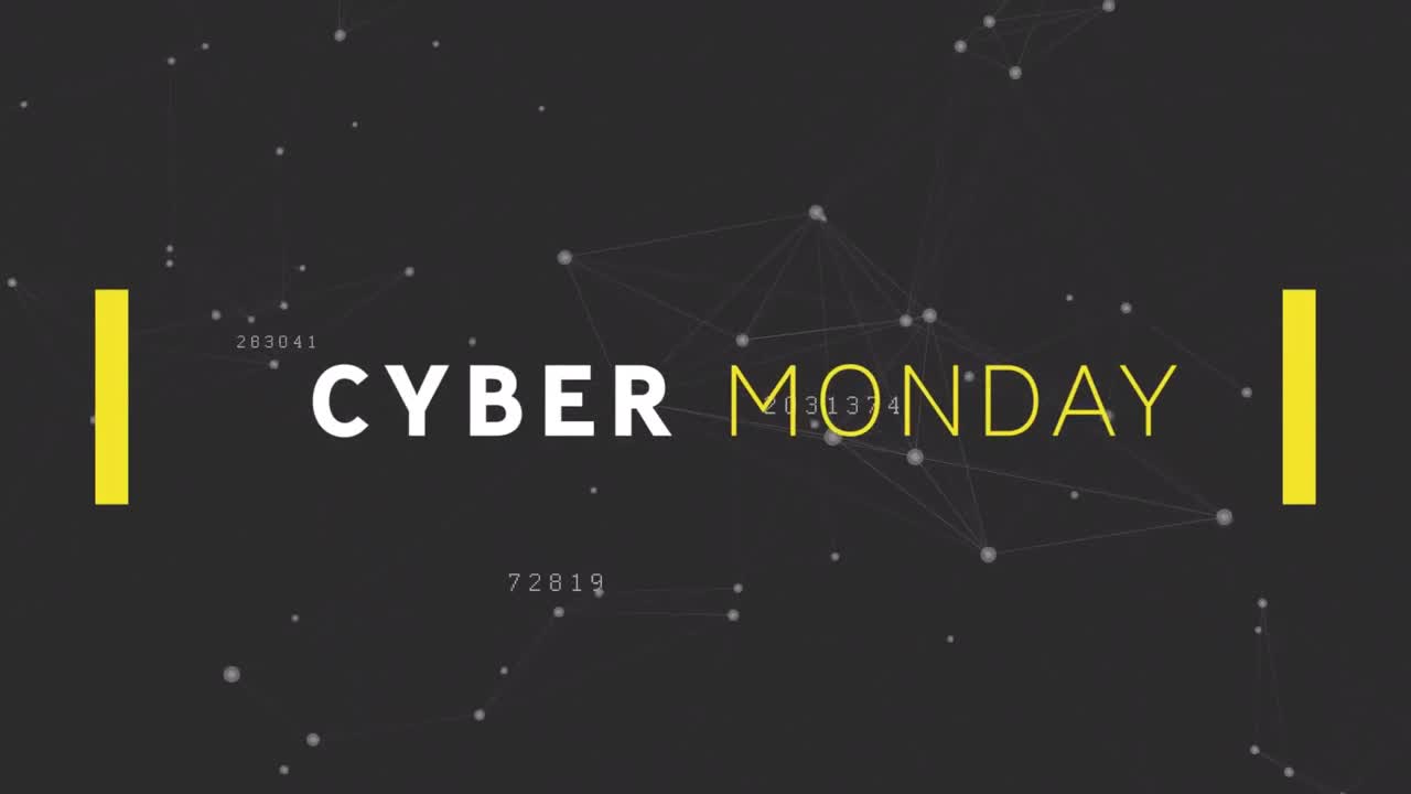 Animation af teksten "Cyber Monday Sale" over netværk af forbindelser.