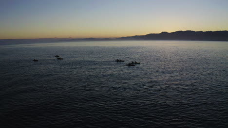 Kayak-En-El-Océano-En-Kiakoura-Nueva-Zelanda-Durante-Una-Hermosa-Puesta-De-Sol-Con-Un-Grupo