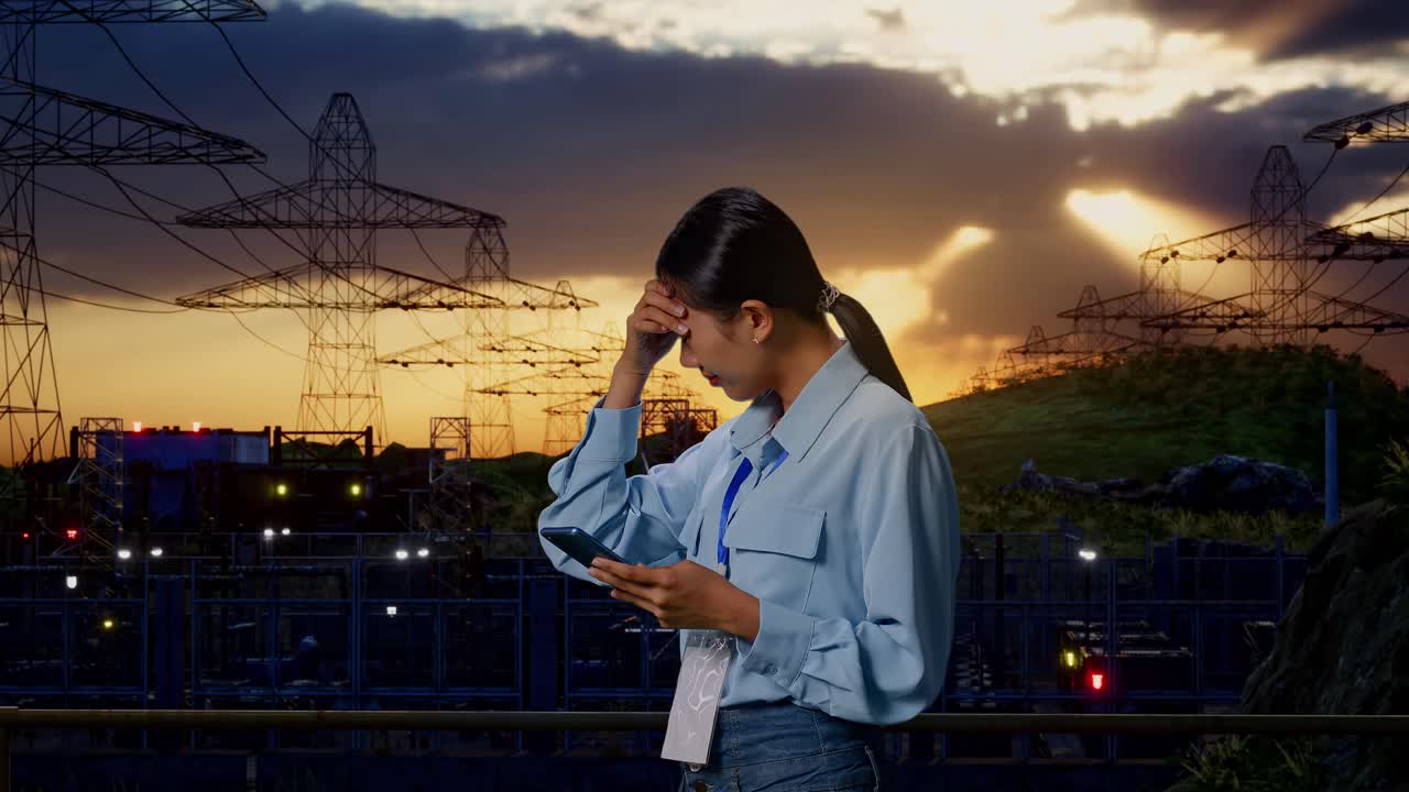 Side View Of An Asian Female Professional Worker Standing With Her Smartphone Near High Voltage Tower, Industrial Facility, Checking With Dissapionted And Nodding Her Shead