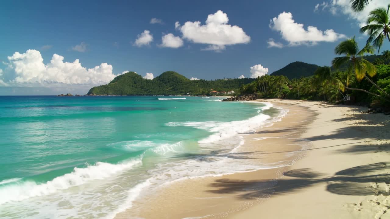 Litoral tropical mostrando a brisa empurrando as ondulações, ondas quebrando e espumando, ideal para anúncios de viagens