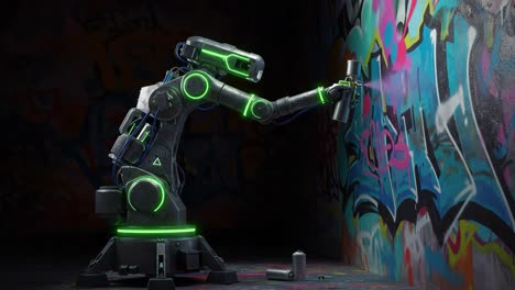 a futuristic robot artist using a spray can to create vibrant graffiti art on a colorful urban wall, demonstrating the intersection of technology and creativity