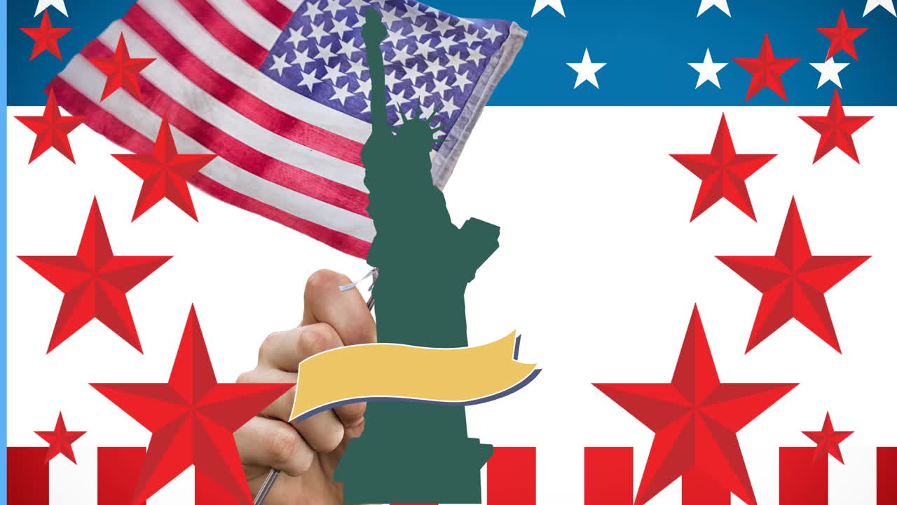 animación de la estatua verde de la libertad con espacio de copia sobre estrellas rojas y bandera estadounidense