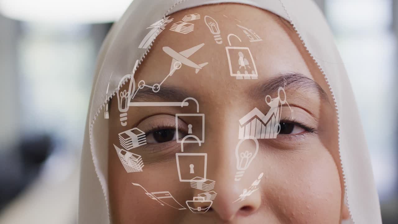 사무실에서 두 인종의 사업가에 대한 아이콘과 함께 지구촌의 애니메이션 데이터 처리