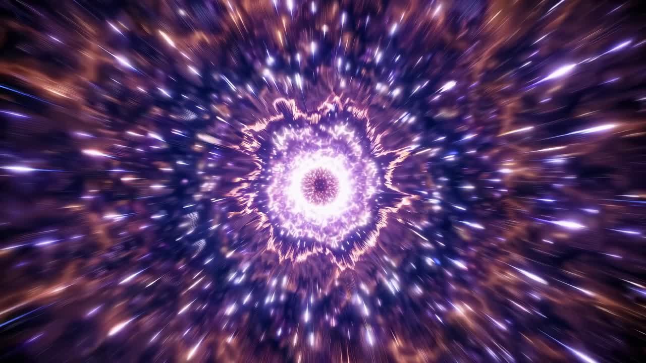 A cosmic video scene with a wormhole effect, viewed from a centered angle, featuring dynamic purple