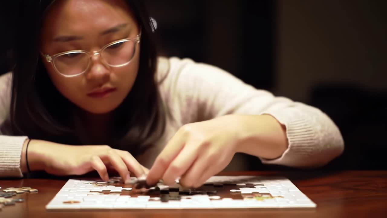 A Young Woman Concentrating on Completing a Challenging Puzzle Indoor, Emphasizing Focus and Attention to Detail in a Calm Environment