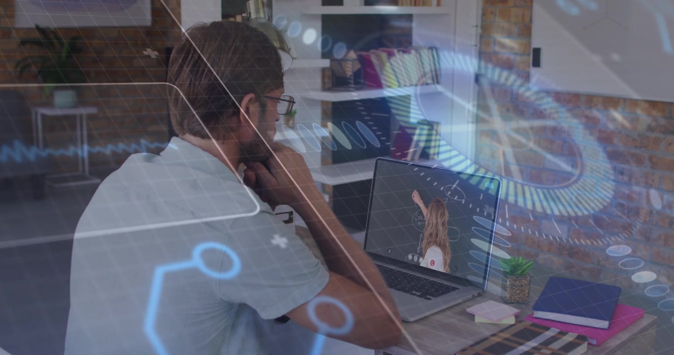 Animation af netværk af forbindelser og databehandling over en forretningsmand, der arbejder på kontor