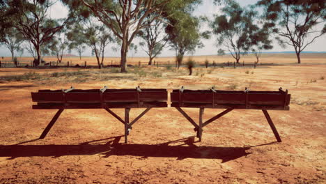 weathered wooden benches stand in a vast dry landscape