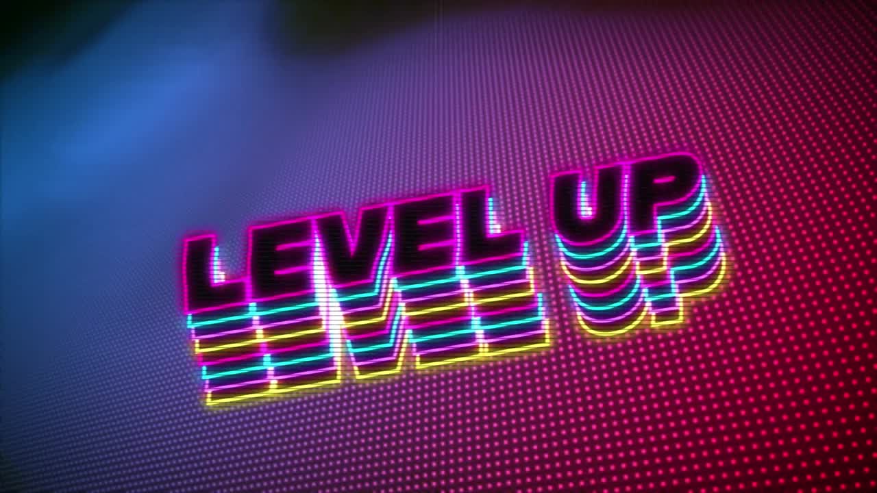 Animation of level up text over pink and blue background
