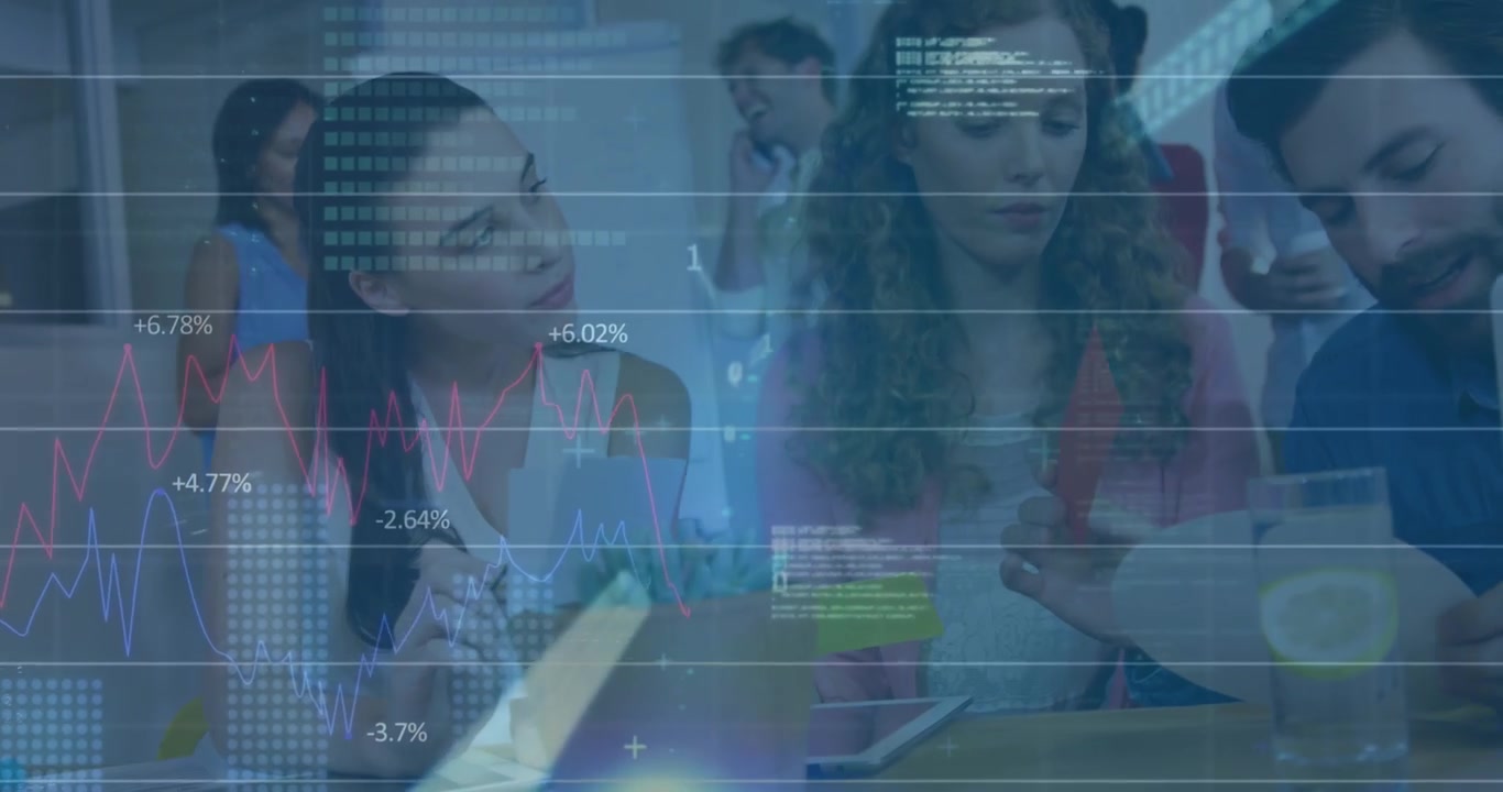 Animation of statistics and financial data processing over diverse business people