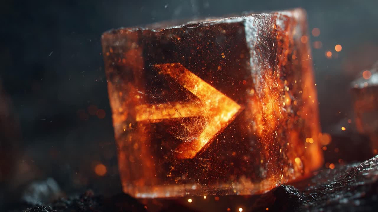 An Intriguing Visual Exploration of a Glowing Arrow Embedded in Ice, Symbolizing Direction and Transition Amidst a Fiery Background