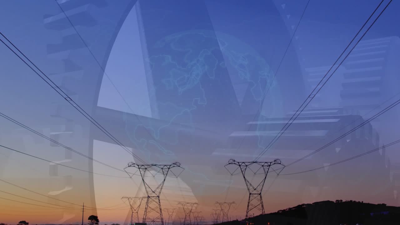Animation of globe and cogs over pylons
