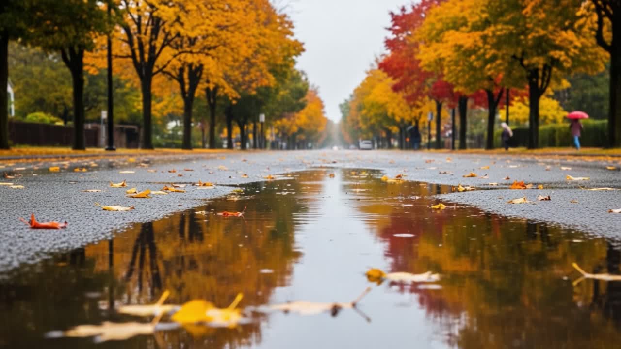 A serene autumn scene captures the essence of a rainy day, showcasing vibrant fall foliage reflecting on a wet street, framed by trees adorned in colorful leaves