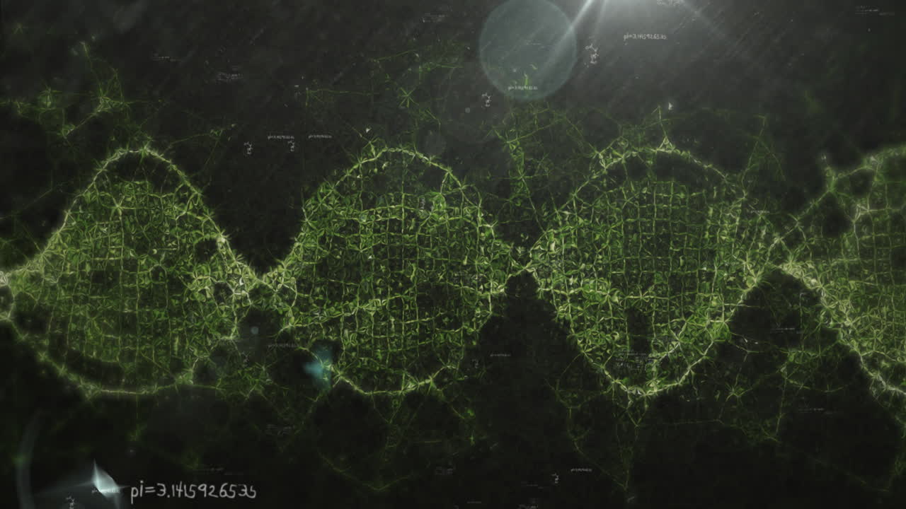 Animation of mathematical equations, light spot and green digital wave against black background