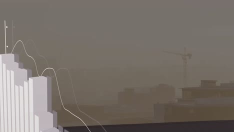 animation of multiple graphs over fog covered modern buildings against sky