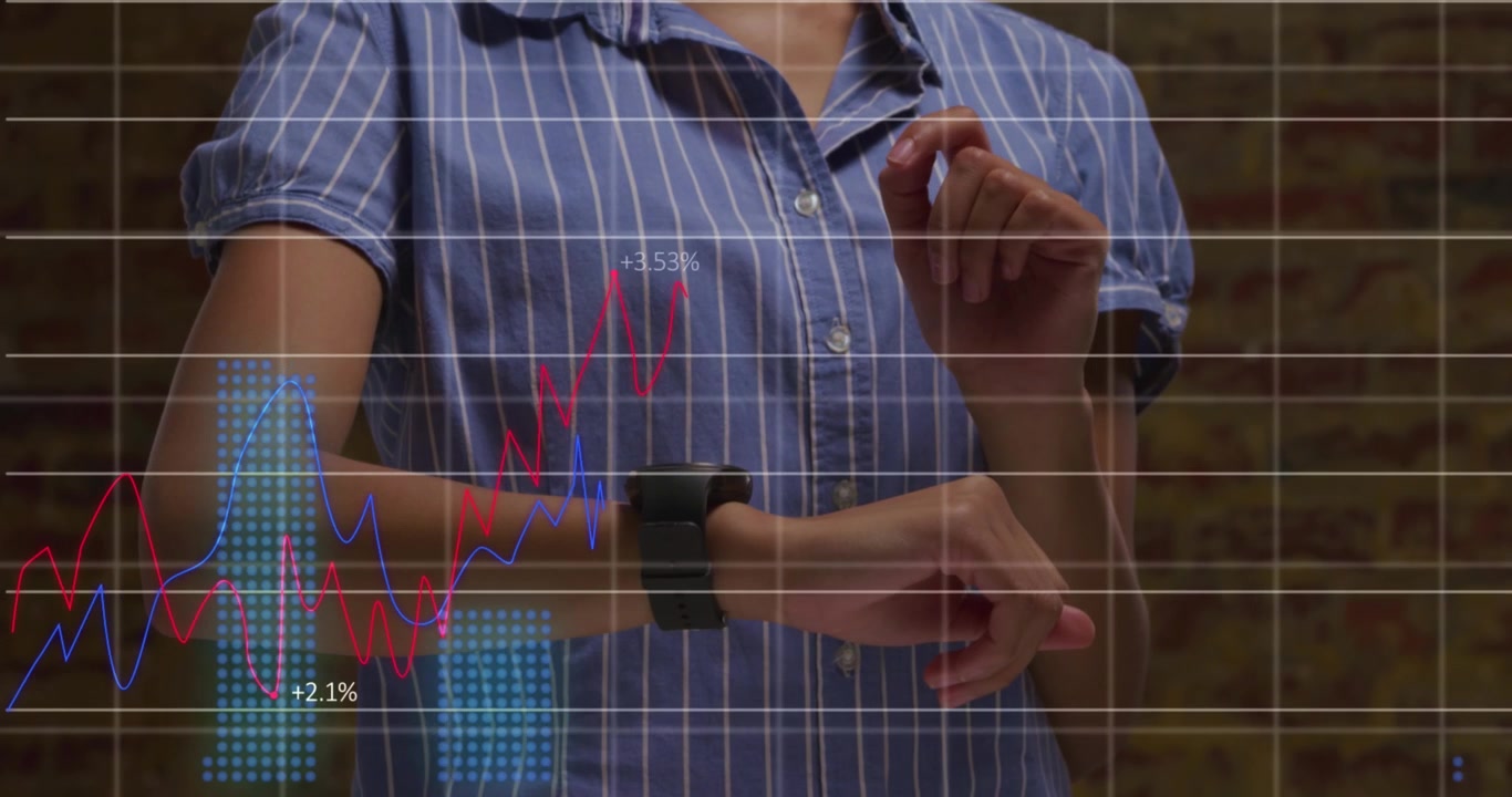 Animazione di elaborazione di dati finanziari su persone caucasiche che controllano smartwatch e tablet