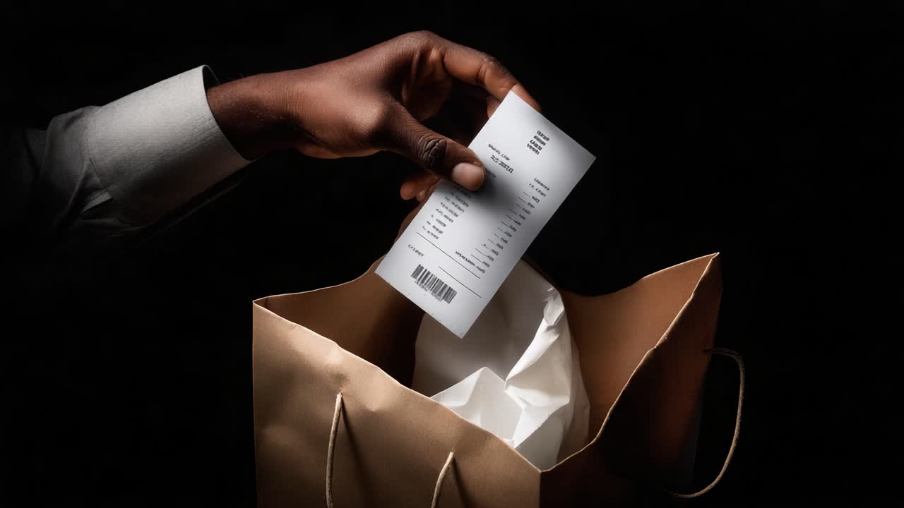 An individual places a receipt inside a brown paper bag, emphasizing the importance of documentation and processes in transactions and purchases, highlighted against a dark background