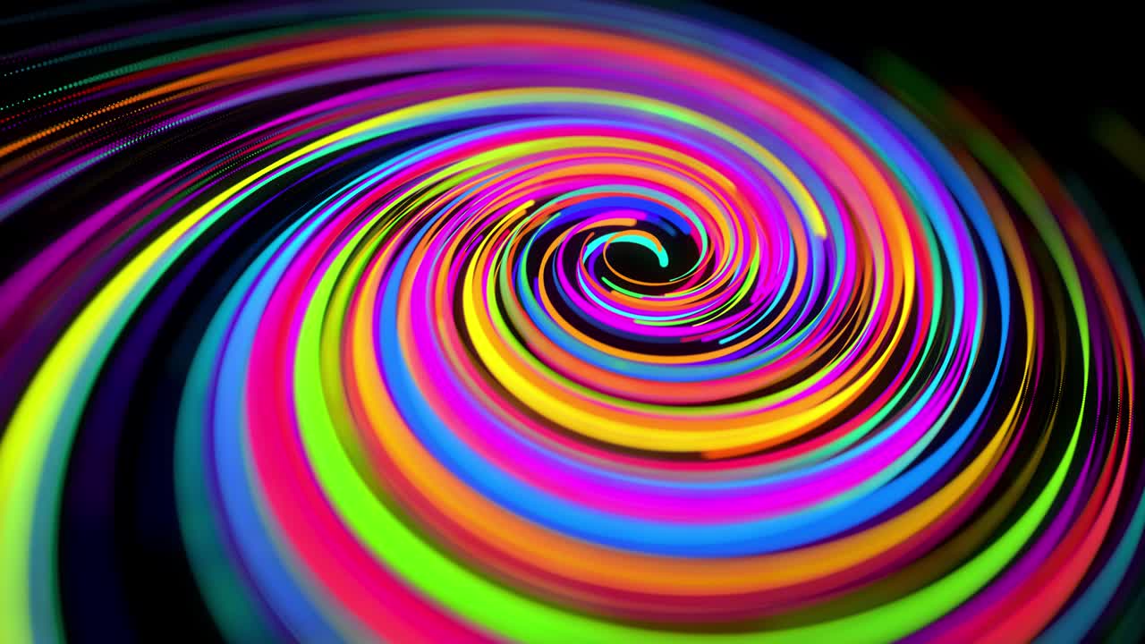 4k에서 세련된 창의적인 추상적인 배경: 회전하는 경로를 따라 회전하는 나선형으로 회전하는 색의 선; 모션 디자인: 선, 나선형 및 추상적인 구조를 형성하는 입자의 bg; 3d 렌더링