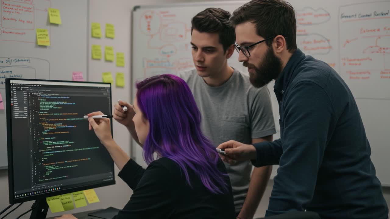 A collaborative coding session where three individuals engage in a problem-solving discussion, highlighting teamwork and creativity in a tech environment with vivid post-it notes