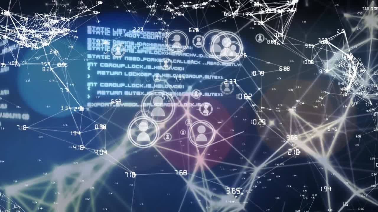 데이터 처리와 함께 디지털 블랙 스페이스에서 아이콘으로 연결 네트워크의 애니메이션