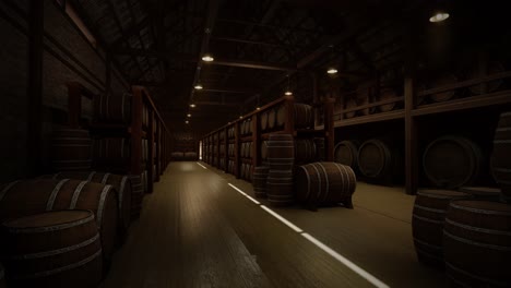 almacenamiento de barriles de vino en la bóveda de vinos. barriles de coñac, vino o whisky. barrilles de vino de roble de madera. almacén de alcohol