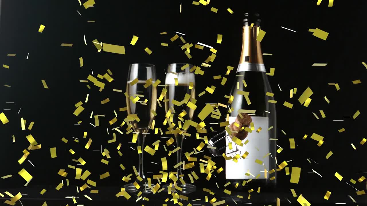 금색 콘페티와 코크가  ⁇ 페인 병과 검은색 배경의 유리잔 위에 떨어지는 애니메이션