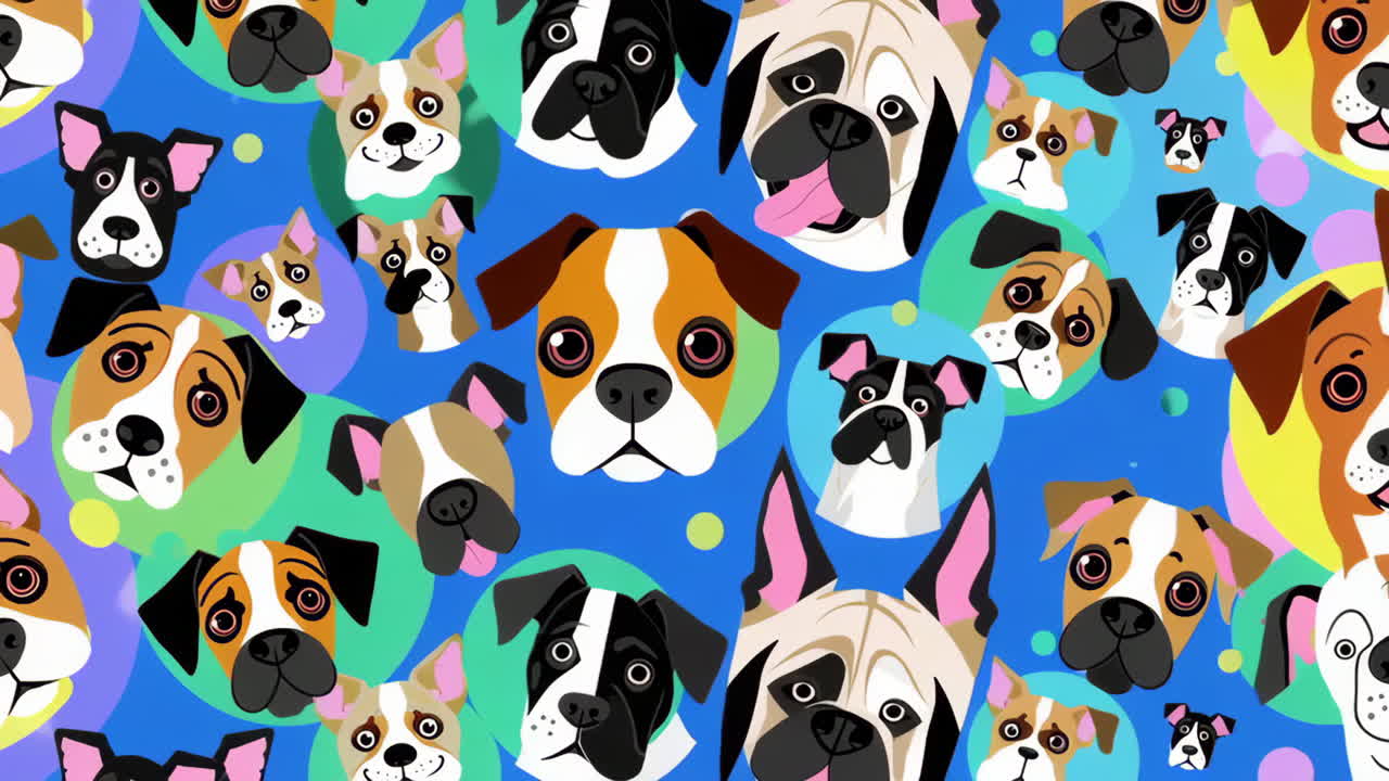 Pattern of various cartoon dog faces on a blue background