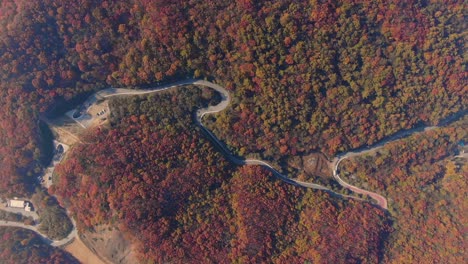 Die-Rot-Gefärbte-Kurvenreiche-Straße-Des-Herbstberges