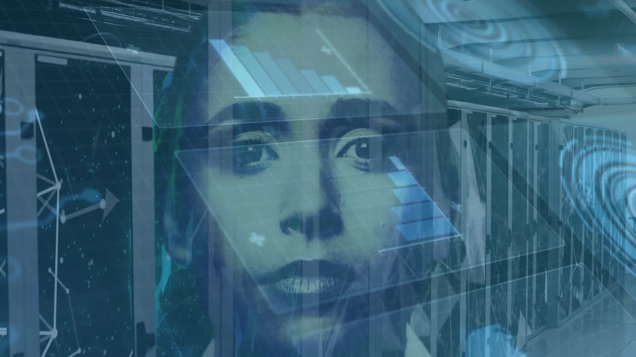 Animation of scopes scanning and data processing over woman's face and computer servers