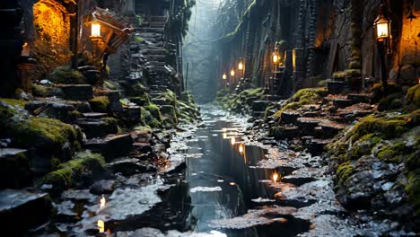 misty underground alleyway with glowing lanterns and moss-covered stones