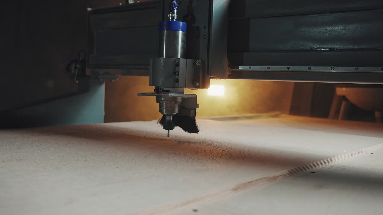 un torno hace agujeros en una losa de madera taller de carpintería, trabajo de madera, efecto cinematográfico, llave oscura