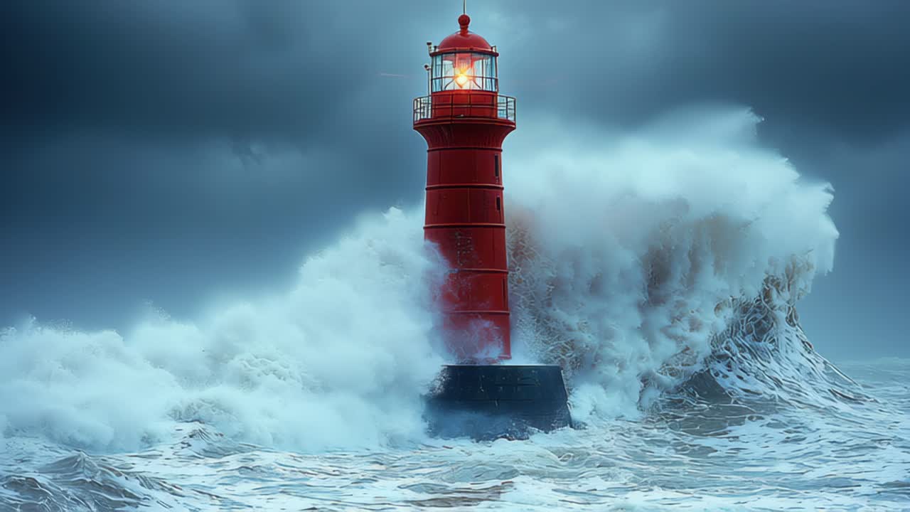 Beacon of hope red lighthouse in storm, waves crashing on rocky shore