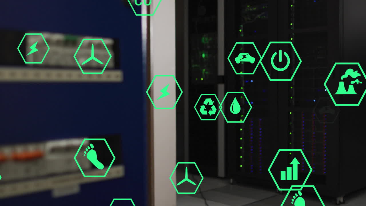 animación de iconos ecológicos y procesamiento de datos digitales a través de servidores informáticos
