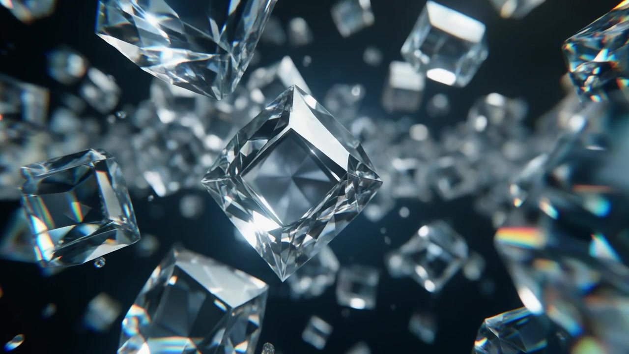 Cubi di cristallo trasparenti galleggianti in uno spazio scuro astratto