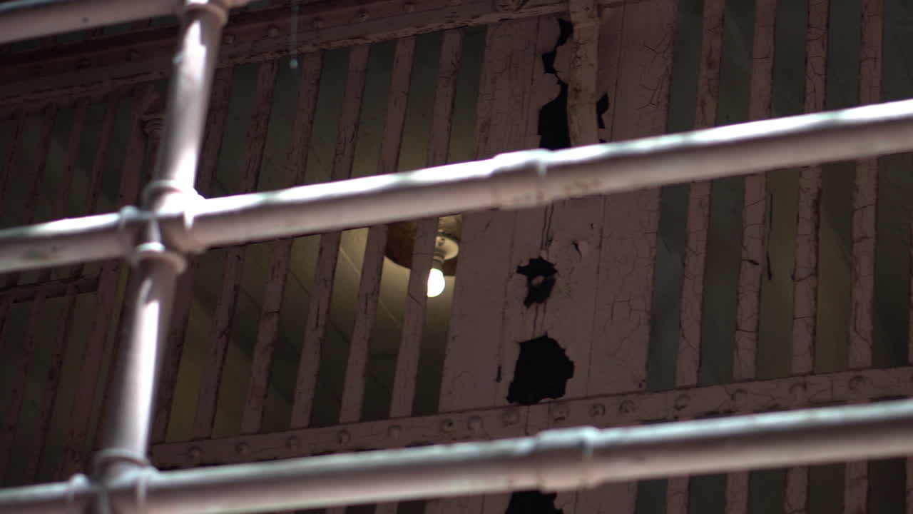 Alcatraz Prison Cells, Panorama. Metal Bars on Upper Level of Cellhouse. California USA