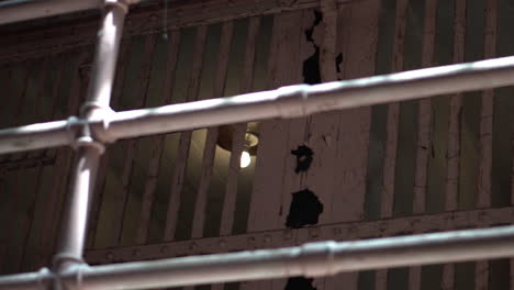 alcatraz prison cells, panorama. metal bars on upper level of cellhouse. california usa