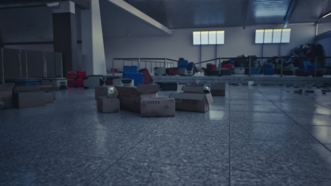Empty Airport Terminal with Luggage and Boxes