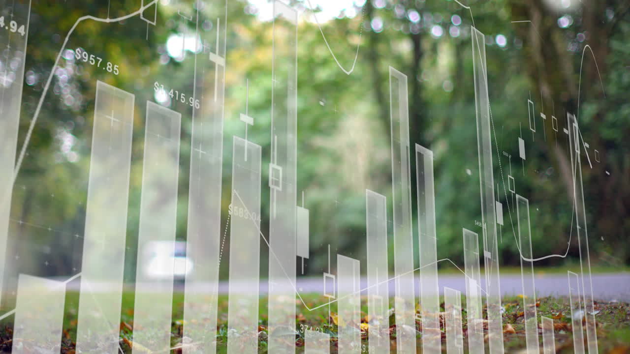 나무와 잎이 있는 흐릿한 야외 공원 장면 위의 금융 데이터 차트 애니메이션