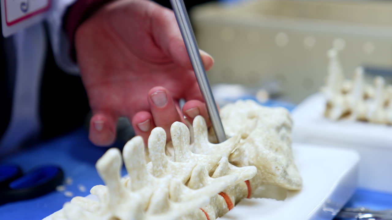 Neurosurgical tool is used to cut off little pieces of the spine model. Close up. Displaying the usage of surgical instrument.