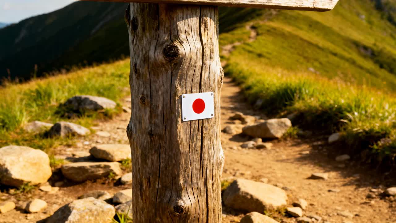 Zoom della camera che si avvicina a un palo su un sentiero di montagna per rivelare un segnale quadrato bianco con un punto rosso