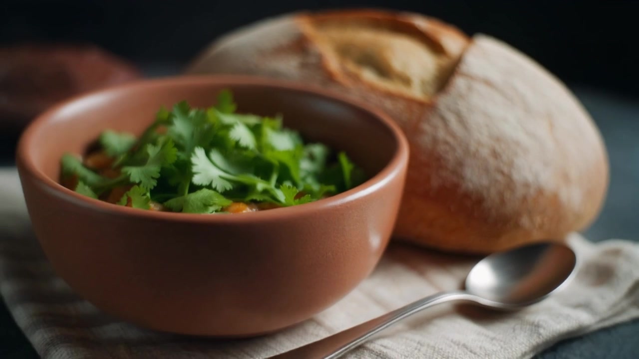 新鮮なパクチーを添えた具だくさんの野菜シチューのボウル