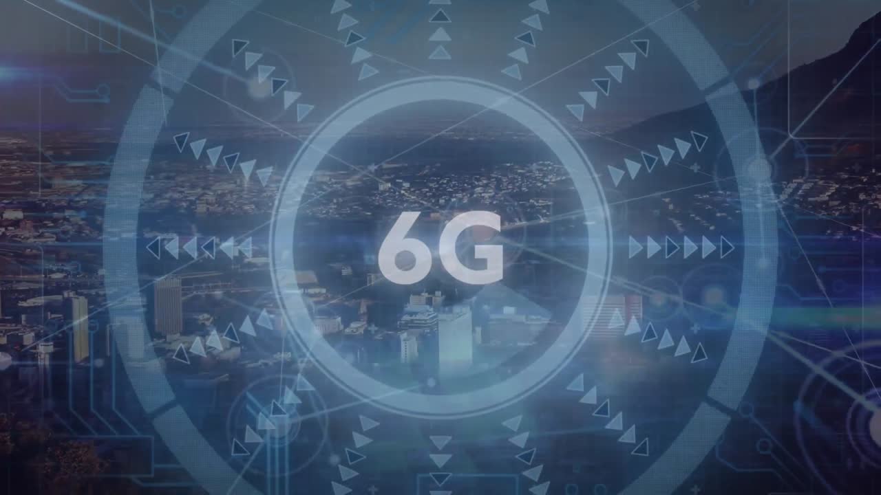 Animaatio datankäsittelystä kaupungin ja 6g-tekstin yllä