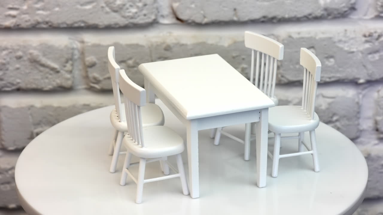 Small miniature table with chairs for dollhouse. White tiny wooden toy furniture.