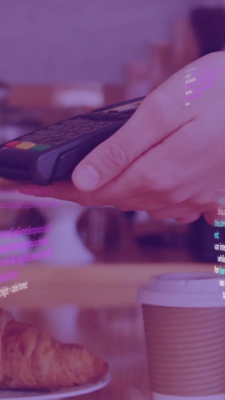 Vertical video: Cafe client paying with card cashier tapping terminal making code overlays over cup