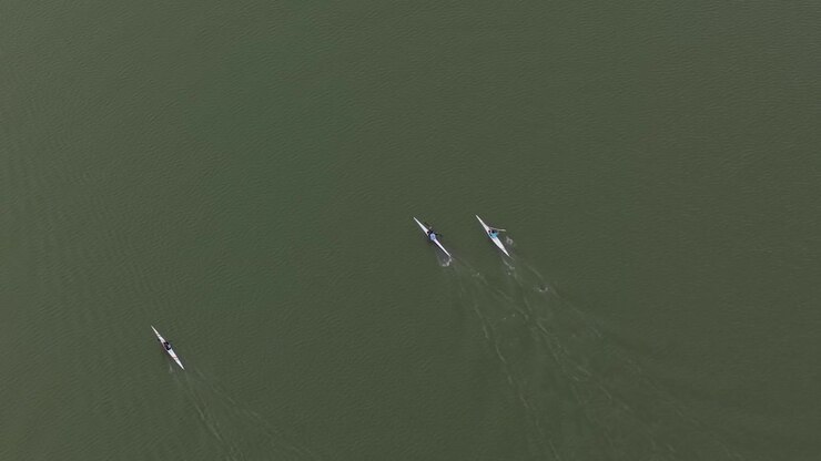 Kayaks paddling across the broad dark brown Parana River leaving narrow wakes behind, aerial top-down overhead static