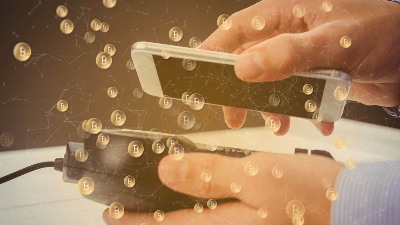 animación de bitcoins a través de teléfonos inteligentes y terminales de pago