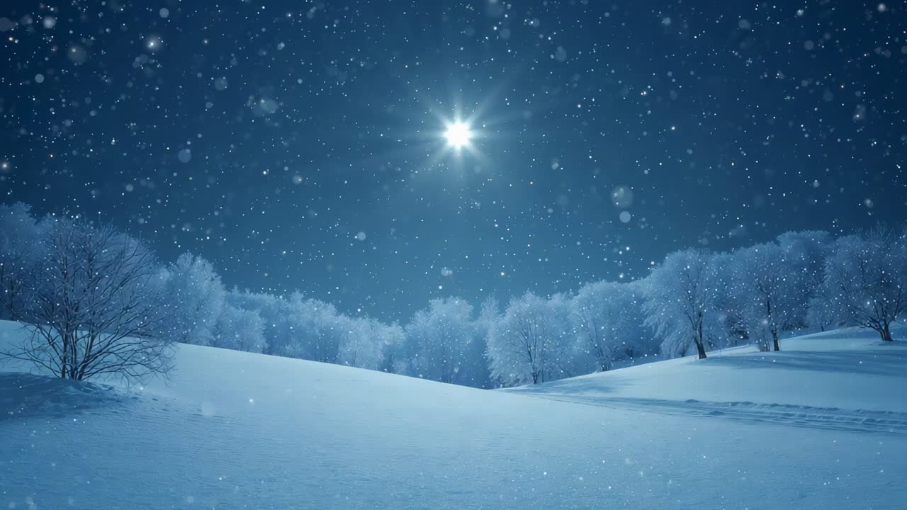 Appearing bright star intensifying above snowy hill, throwing beams downward, snow falling steadily