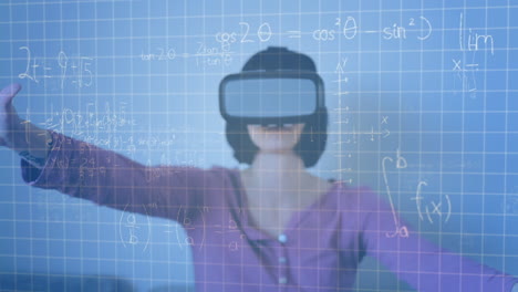 animation of mathematical drawings and equations over woman wearing vr headset